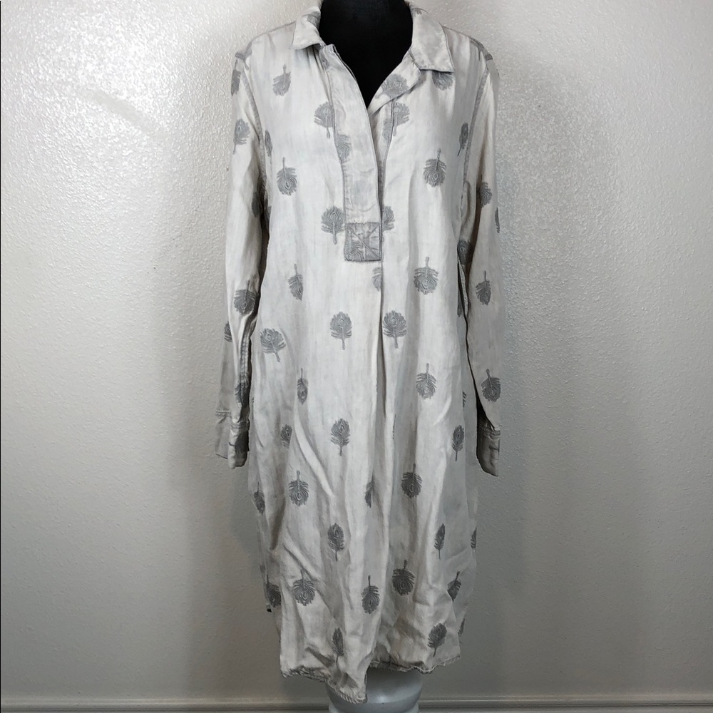 Soft Surroundings Shirt Dress Peacock Feather Embroidered Preppy Coastal Size L - Picture 2 of 11